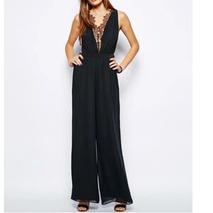 BCBGeneration Black Backless Wide Leg Jumpsuit with Lace Detail